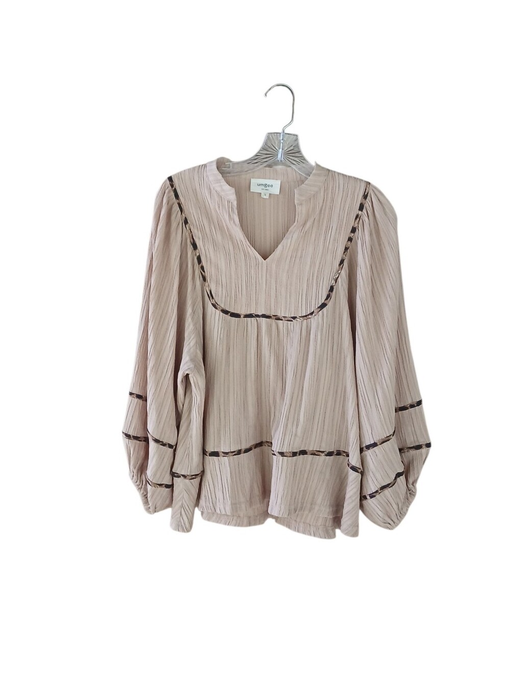 Umgee Tan Crinkled Balloon Sleeve Peasant Blouse Small